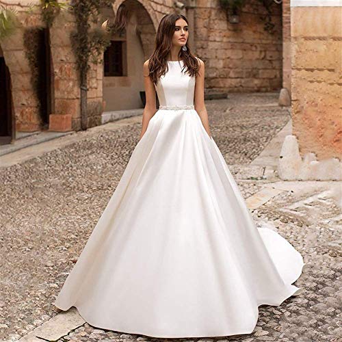 Simplicidad con Estilo Vestido de Novia Ashley Carol Moda O-Cuello Satén Simplicidad con Estilo Vestido de Novia 2019 Vestido de Novia de Lujo con Cuentas en Línea Vestidos de Novia Franceses Simples
