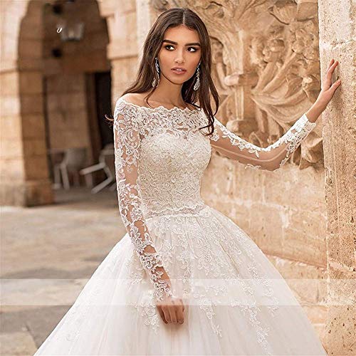 Simplicidad Elegante Vestido de Novia Cuello Barco Manga Larga Encaje de la Boda Princesa Vestido de Novia Trailing Palace Retro Simplicidad Elegante Vestido de Novia Simplicidad Elegante Vestidos de