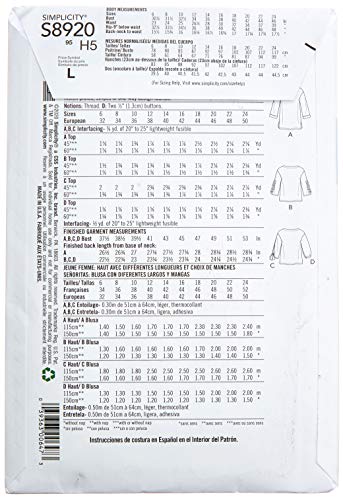 Simplicity SS8920H5 S8920-Patrones de costura para camisetas de mujer, H5 (6-8-10-12-14)
