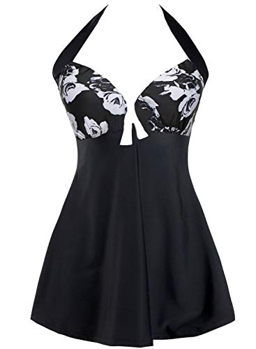 Sixyotie Traje de baño Cuello Una Pieza Monokini con Shorts de Seguridad Mujer Bañador con Falda Tamaño Grande Tankini (Black Flower, EU 44-46(Tag 3XL))