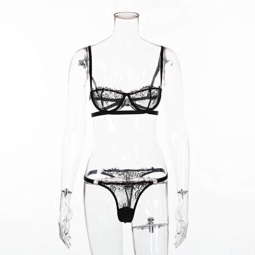 SJAKMA Ropa Interior, Malla De Encaje Lencería Sexy Mujer Novedades Underwire Push Up Media Taza Transparente Bra Y Panty Set 2 Piezas Club Rosa Palo Hembra,L