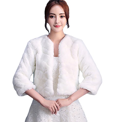 SK Studio Mujer Bolero con Mangas de Pelo Marfil Chal Fiesta Estola Invierno Capa para Bodas Novia