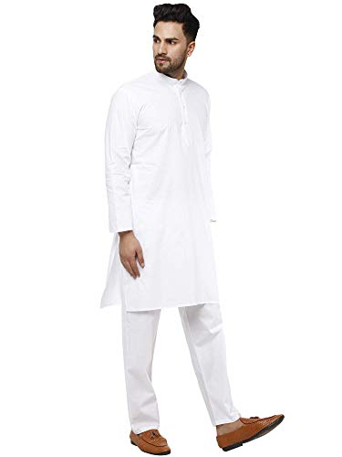 SKAVIJ Algodón Kurta Pijama (Camisa Larga y Pantalón) para Hombre (Blanco, x-Large)