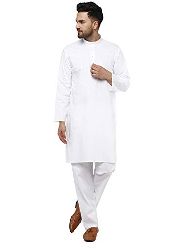 SKAVIJ Algodón Kurta Pijama (Camisa Larga y Pantalón) para Hombre (Blanco, x-Large)