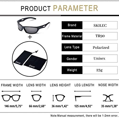 SKILEC Gafas de Sol Hombre Mujer Polarizadas TR90 - Gafas Running, Gafas Ciclismo Hombre Ideales para Deporte, Pesca, MTB, Golf, Bicicleta, etc. Gafas de Sol Deportivas Protección 100% UV400 (Negro)