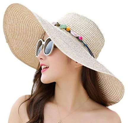 Skyeye Playa Dulce al Aire Libre para la Playa Sombrero para el Sol Gran cráneo Plano a lo Largo de sólida Visera Plegable Sombrero de Paja Visera de Verano