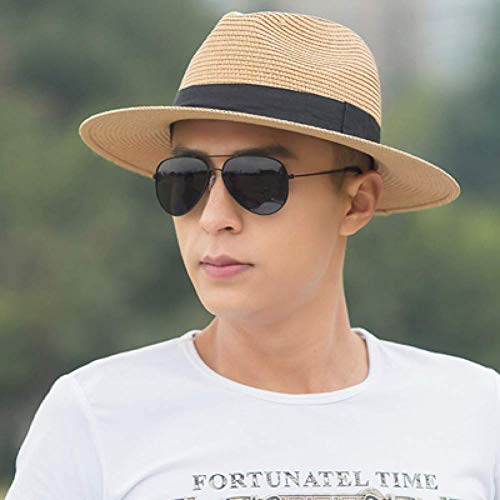 Skyhappy Mujer Sombreros Hombres Sombrero de Verano Faja Negra clásica Sombrero de Panamá Sombreros de Playa para Mujer   Caqui