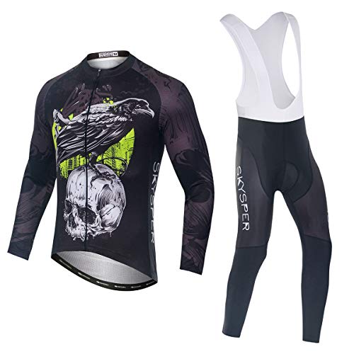 SKYSPER Ciclismo Maillot Hombres Jersey + Pantalones Largos Culote Mangas Largas de Ciclismo Conjunto de Ropa Maillot Entretiempo para Deportes al Aire Libre Ciclo Bicicleta
