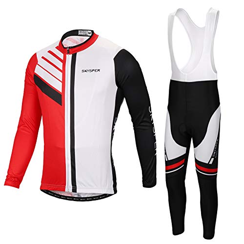 SKYSPER Maillot Ciclismo Hombres Jersey Mangas Largas Pantalones Largos Culotte de Ciclismo Conjunto de Ropa Maillot Entretiempo Invierno para Deportes al Aire Libre Ciclo Bicicleta