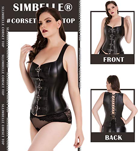 SLIMBELLE® Mujer Corsé de Cuero Negro Pirata Gótico Steampunk Bustier Medieval Burlesque Corsés de Piel Chaleco Modeladora Sexy Lencería Talla Grande Corset con G-String & Correas de Hombro