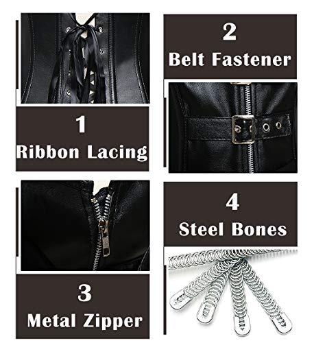 SLIMBELLE® Mujer Corsé de Cuero Negro Pirata Gótico Steampunk Bustier Medieval Burlesque Corsés de Piel Chaleco Modeladora Sexy Lencería Talla Grande Corset con G-String & Correas de Hombro