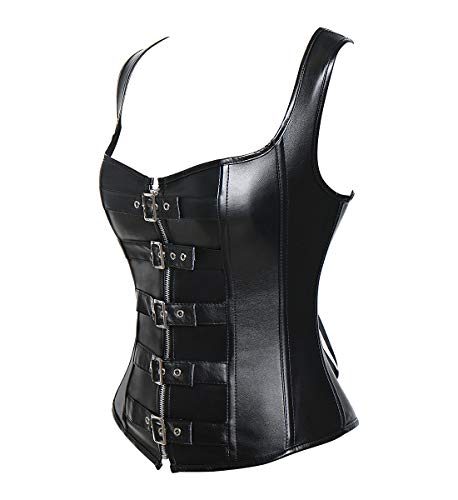 SLIMBELLE® Mujer Corsé de Cuero Negro Pirata Gótico Steampunk Bustier Medieval Burlesque Corsés de Piel Chaleco Modeladora Sexy Lencería Talla Grande Corset con G-String & Correas de Hombro