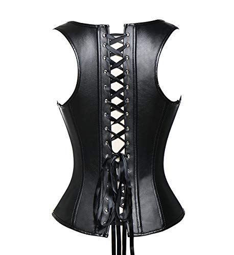 SLIMBELLE® Mujer Corsé de Cuero Negro Pirata Gótico Steampunk Bustier Medieval Burlesque Corsés de Piel Chaleco Modeladora Sexy Lencería Talla Grande Corset con G-String & Correas de Hombro