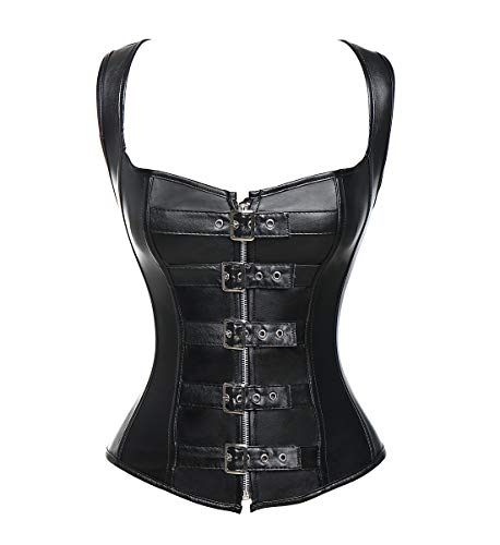 SLIMBELLE® Mujer Corsé de Cuero Negro Pirata Gótico Steampunk Bustier Medieval Burlesque Corsés de Piel Chaleco Modeladora Sexy Lencería Talla Grande Corset con G-String & Correas de Hombro