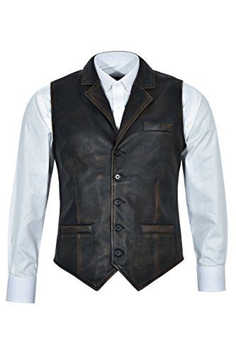 Smart Range Chaleco Negro Envejecido 1349 de los Hombres del Vintage Chaleco Elegante afligido 100% del Cuero Real del 100% (L)
