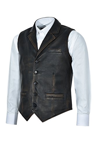 Smart Range Chaleco Negro Envejecido 1349 de los Hombres del Vintage Chaleco Elegante afligido 100% del Cuero Real del 100% (L)