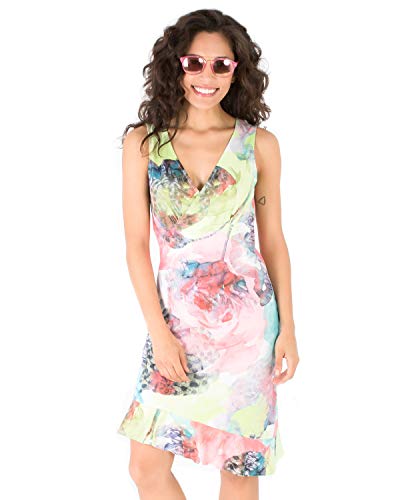 Smash! Vestido Colorido con Estampado Floral Veraniego Vestido sin Mangas con Cuello en Pico y Volante en el Bajo de Mujer para Verano Dress Martha