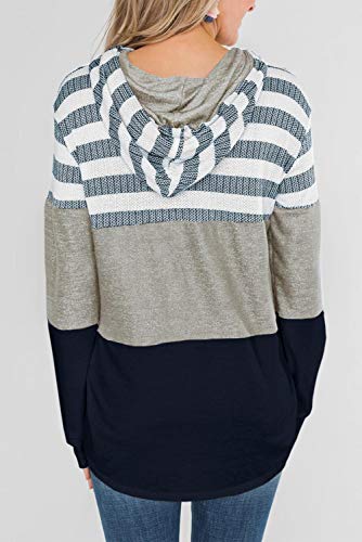 SMENG Jersey de manga larga para mujer, diseño de rayas azul marino XL