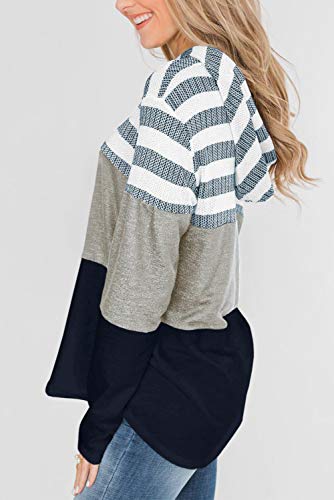 SMENG Jersey de manga larga para mujer, diseño de rayas azul marino XL