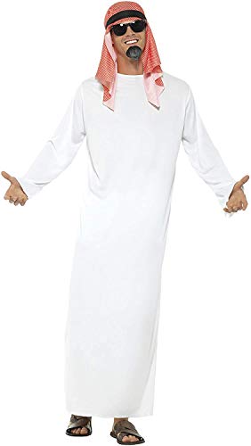 Smiffys-24805M Disfraz de jeque, con túnica Larga y Tocado, Color Blanco, M-Tamaño 38"-40" (Smiffy'S 24805M)