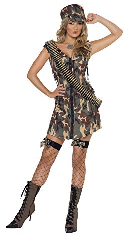 Smiffys-33829M Disfraz de Chica del ejército, con Vestido y Gorra, Color Camuflaje, M-EU Tamaño 40-42 (Smiffy'S 33829M)