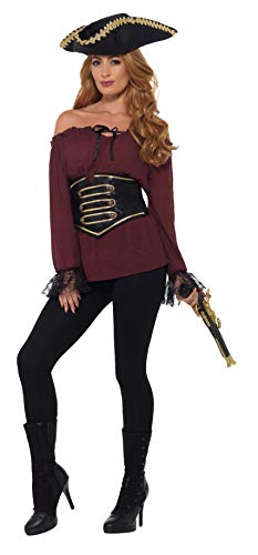 Smiffys Shirt, Ladies Deluxe-Camiseta pirata para mujer, color rosso, L-UK Size 16-18 (47357L)