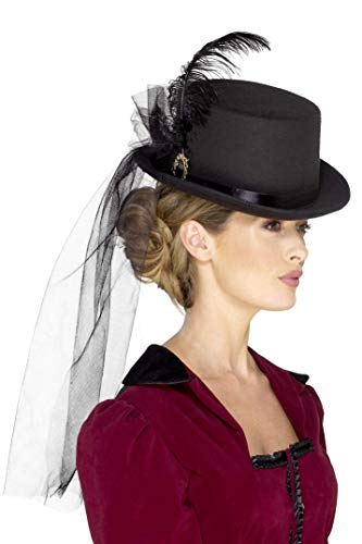 Smiffys Sombrero de copa victoriano para mujeres deluxe, Negro, con plumas, velo y broche (48413)