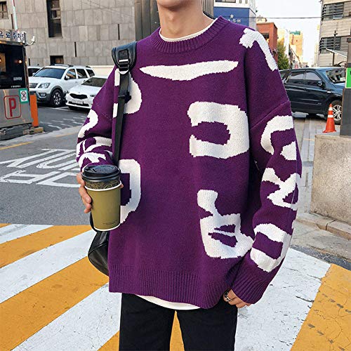SMZNXF Suéter 2019 Otoño e Invierno Versión Coreana de los nuevos Hombres Sueltos Tendencia estudiantil Pareja Jersey de Cuello Redondo Suéter Casual de Color sólido, Violeta, S