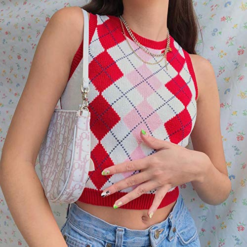 Snakell Chaleco de Suéter de Punto para Mujer Y2K, Mangas Pata de Gallo Chaleco Suelto Top Elegante para Mujer, Estilo Escolar Chaleco sin Mangas con Cuello V Crop Tops Primavera Otoño