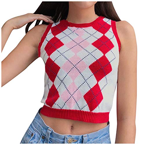 Snakell Chaleco de Suéter de Punto para Mujer Y2K, Mangas Pata de Gallo Chaleco Suelto Top Elegante para Mujer, Estilo Escolar Chaleco sin Mangas con Cuello V Crop Tops Primavera Otoño