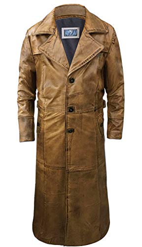 So-Shway Gabardina de Cuero para Hombre para Hombre Chaqueta Larga Abrigo de Cuero Desgastado Vintage (XL)
