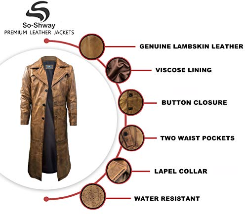So-Shway Gabardina de Cuero para Hombre para Hombre Chaqueta Larga Abrigo de Cuero Desgastado Vintage (XL)