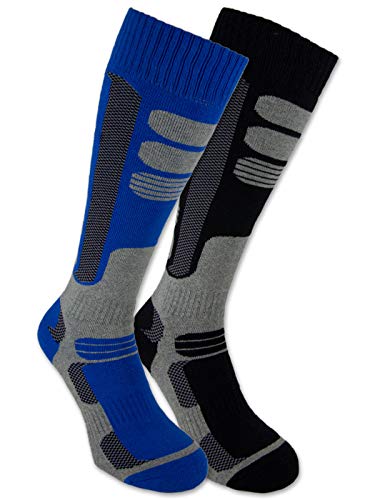 sockenkauf24 2 Pares de Calcetines de esquí y Snowboard, Calcetines térmicos de Rodilla para Hombres y Mujeres Transpirables con Acolchado Especial (Negro | Azul, 43-46)