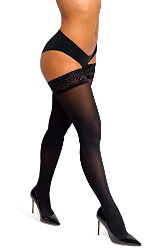 sofsy Encaje de Muslo Alto Opaco con sostenedor de Nylon, Pantyhose de Medias de Silicona Top 60 Den Negro Black 3/4 - Medium/Large