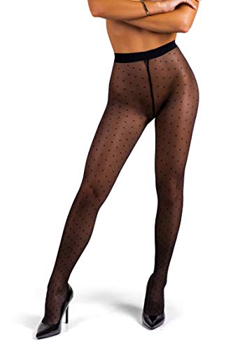 sofsy Medias con Patrón de Puntos para Mujeres Pantimedias Semi Transparentes de 20 Denieres Negro Black 5 - X-Large