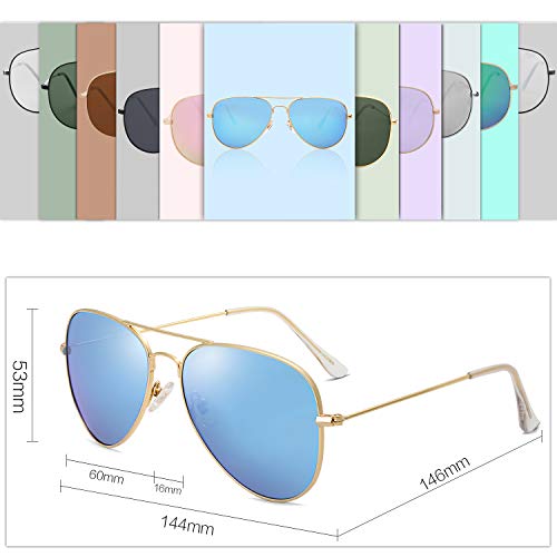 SojoS Gafas De Sol Para Hombres Y Mujeres Aviator Clásico Marco Metal Lentes Espejo Polarizadas SJ1054 Marco Dorado/Lentes Azules