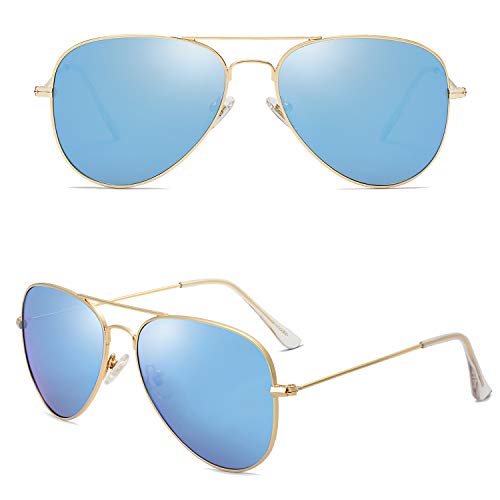 SojoS Gafas De Sol Para Hombres Y Mujeres Aviator Clásico Marco Metal Lentes Espejo Polarizadas SJ1054 Marco Dorado/Lentes Azules