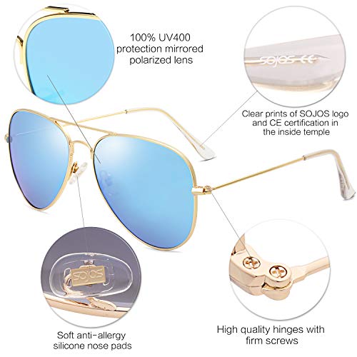 SojoS Gafas De Sol Para Hombres Y Mujeres Aviator Clásico Marco Metal Lentes Espejo Polarizadas SJ1054 Marco Dorado/Lentes Azules