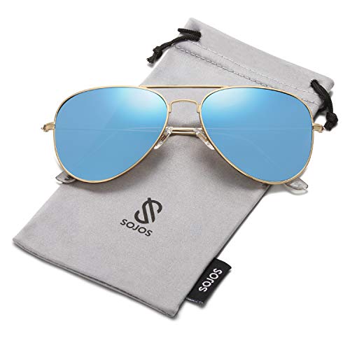 SojoS Gafas De Sol Para Hombres Y Mujeres Aviator Clásico Marco Metal Lentes Espejo Polarizadas SJ1054 Marco Dorado/Lentes Azules
