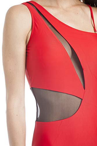 SOL Y PLAYA - Bañador Bikini Trikini una Pieza un Hombro asimétrico Transparencias Sexy Moderno para Mujer Chica Verano (38 - S, Rojo)