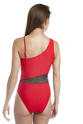 SOL Y PLAYA - Bañador Bikini Trikini una Pieza un Hombro asimétrico Transparencias Sexy Moderno para Mujer Chica Verano (38 - S, Rojo)