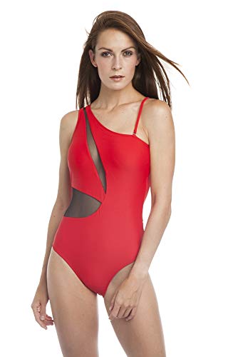 SOL Y PLAYA - Bañador Bikini Trikini una Pieza un Hombro asimétrico Transparencias Sexy Moderno para Mujer Chica Verano (38 - S, Rojo)