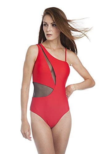 SOL Y PLAYA - Bañador Bikini Trikini una Pieza un Hombro asimétrico Transparencias Sexy Moderno para Mujer Chica Verano (38 - S, Rojo)