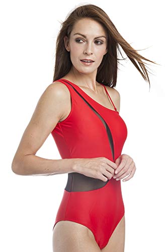 SOL Y PLAYA - Bañador Bikini Trikini una Pieza un Hombro asimétrico Transparencias Sexy Moderno para Mujer Chica Verano (38 - S, Rojo)