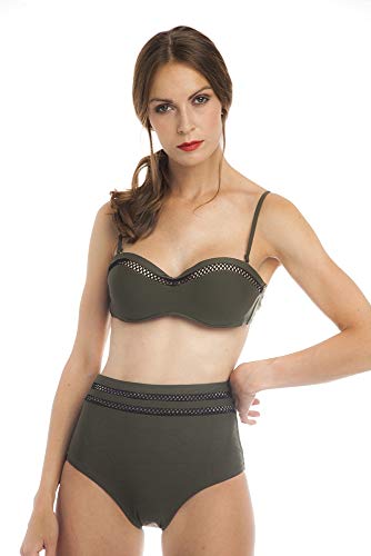 SOL Y PLAYA - Conjunto Bikini triangulo Halter Bandeau Push up con aro Braga Alta diseño Sexy Efecto Transparencias Moderno para Mujer Chica señora (42 - L, Verde Pistacho)