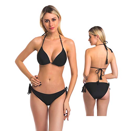 SOL Y PLAYA - Conjunto Bikini triangulo Halter Push up diseño Sexy Moderno para Mujer Chica (38 - S, Negro)