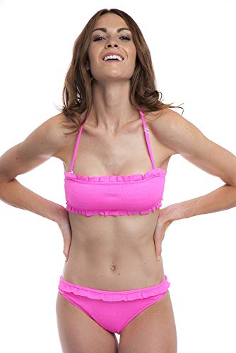 SOL Y PLAYA -Set de Bikini Halter Braguita Cintura Ancha Adorno Volantes pequeños Modernos para Mujer Chica Adolescente (34 - XXS, Rosita)