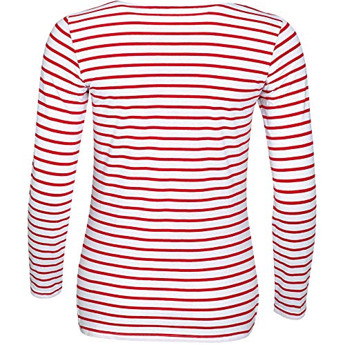 SOLS - Camiseta de manga larga con estampado de rayas modelo Marine para mujer (XS/Blanco/Rojo)
