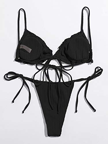 SOLY HUX Bikini Sexy Brasileño de Bañador Bikini con Cordón Lateral Ribete con Fruncido Verano para Mujer Ropa de Baño Adecuado Viajes Playa La Natacion Negro S