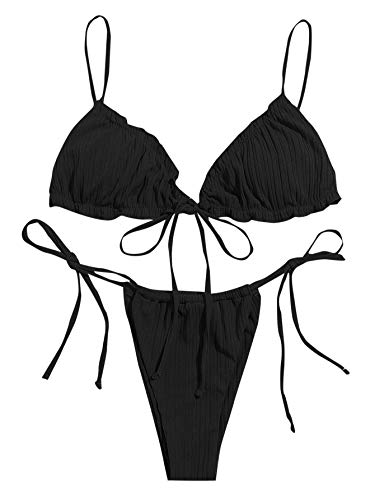 SOLY HUX Bikini Sexy Brasileño de Bañador Bikini con Cordón Lateral Ribete con Fruncido Verano para Mujer Ropa de Baño Adecuado Viajes Playa La Natacion Negro S